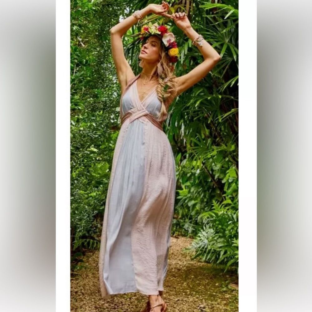 Altar'd State Pink and Cream Grecian Goddess Gown Maxi Dress M